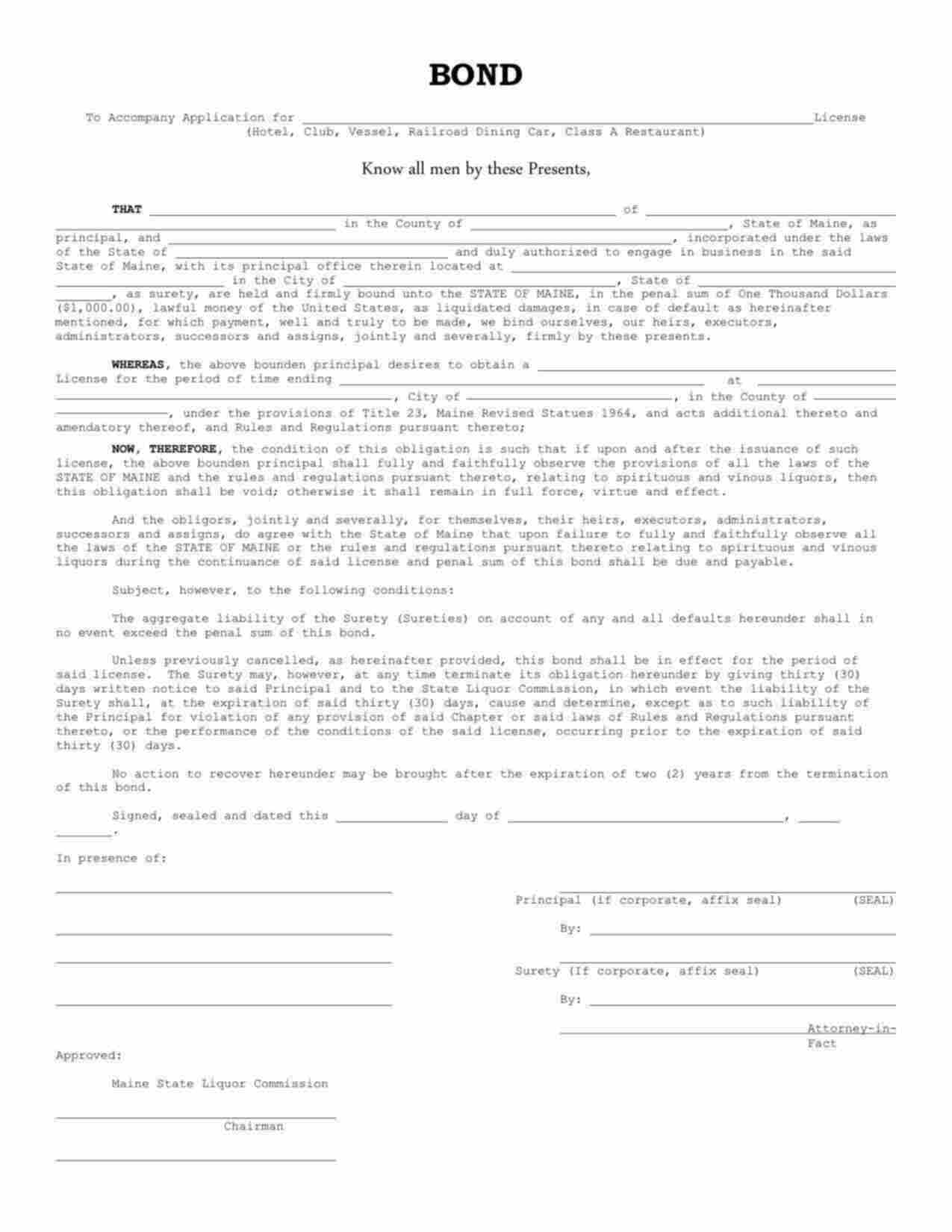 Maine Liquor License - Hotel Bond Form