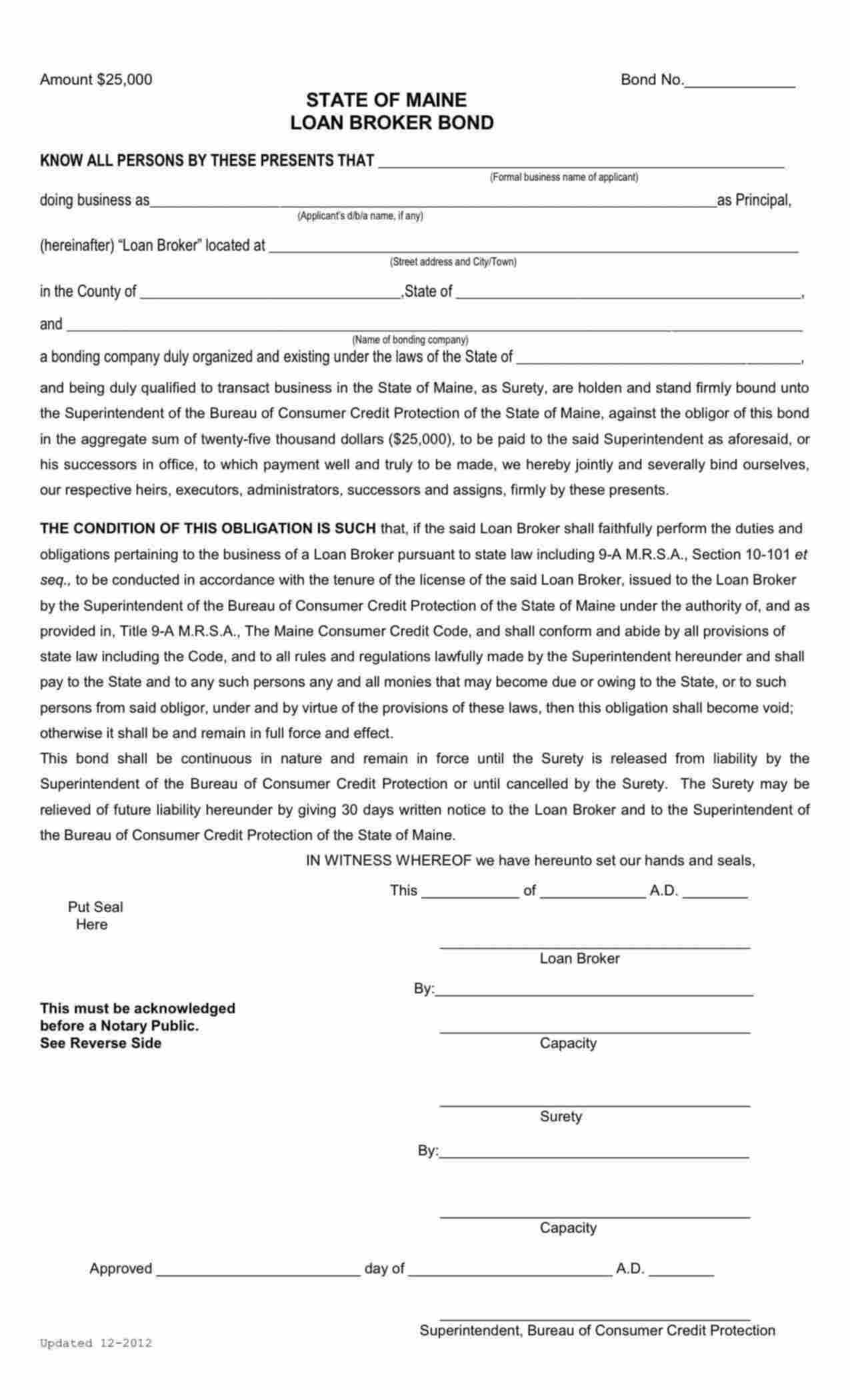 Maine Loan Broker Bond Form