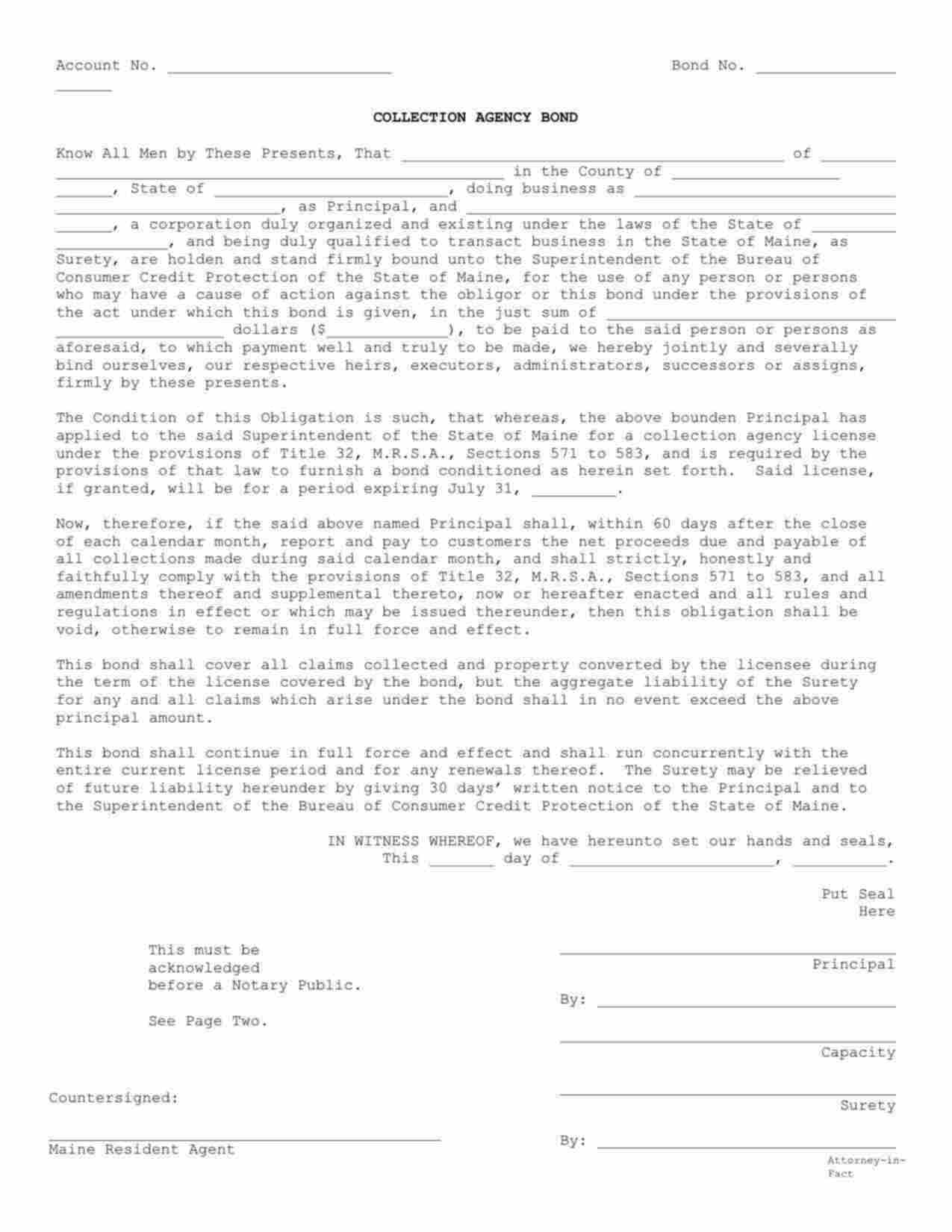 Maine Collection Agency Bond Form