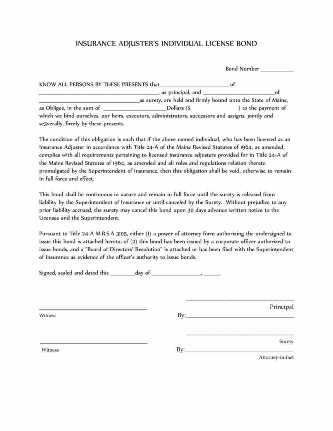 Maine Insurance Adjuster Bond Form