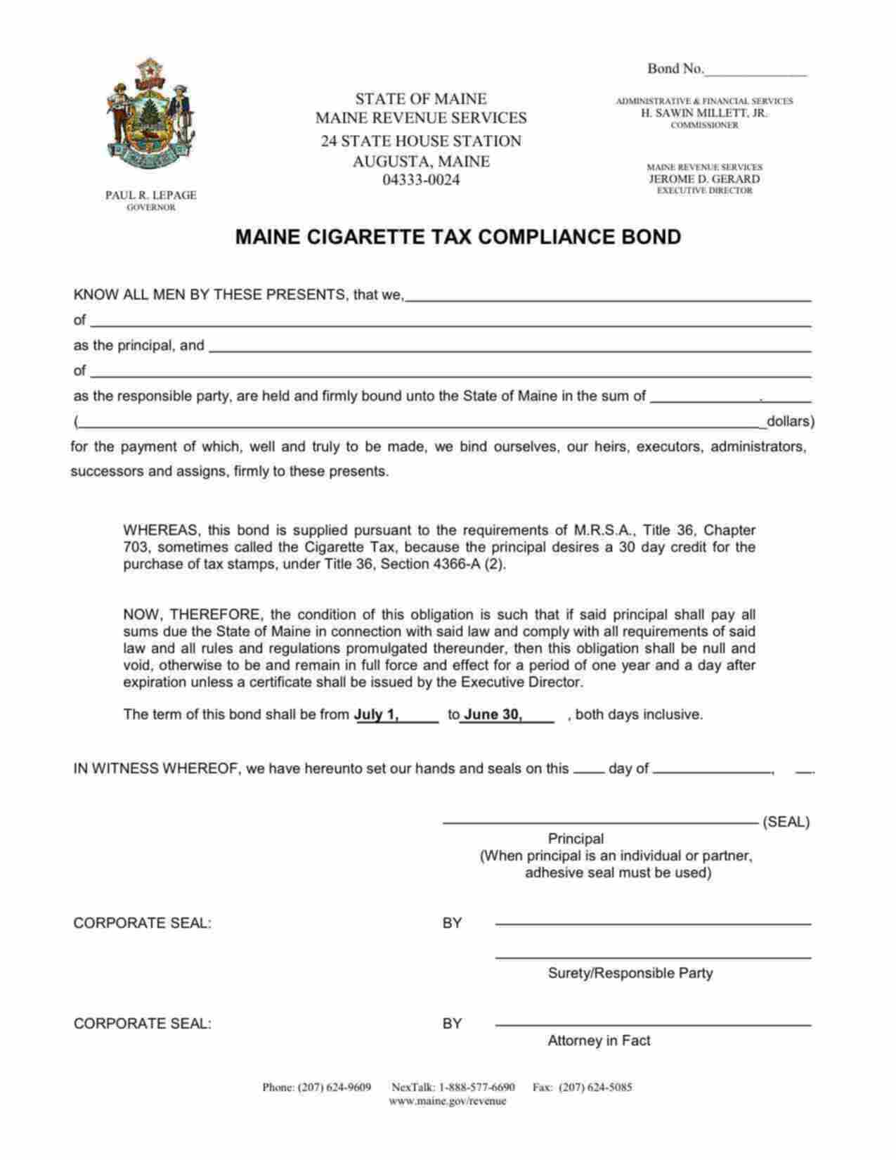 Maine Cigarette Tax Compliance Bond Form