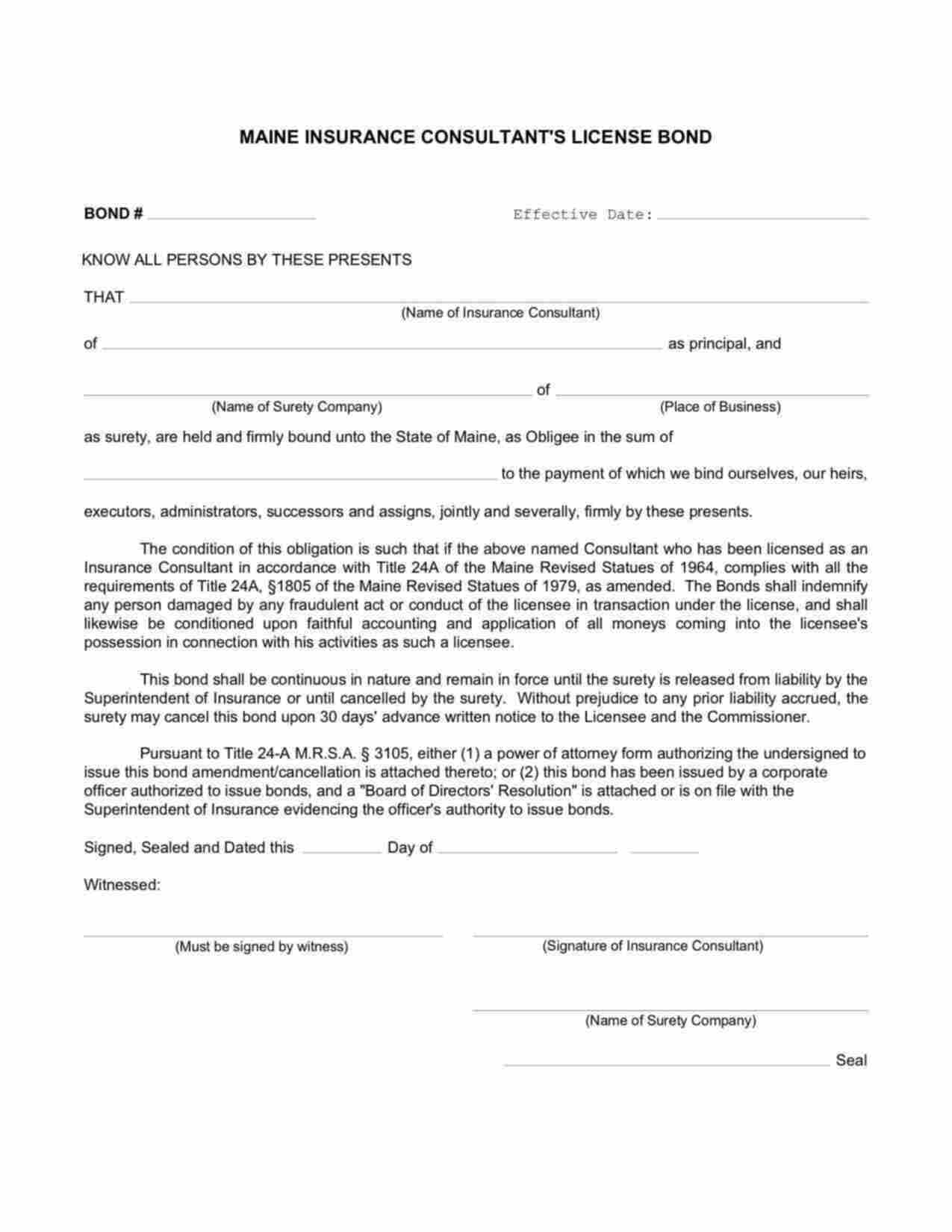 Maine Insurance Consultant Bond Form