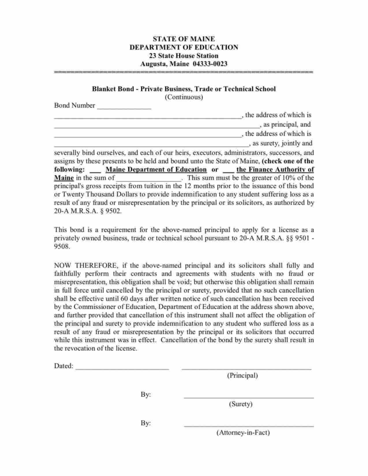 Maine Private Business, Trade or Technical School (Department of Education) Bond Form