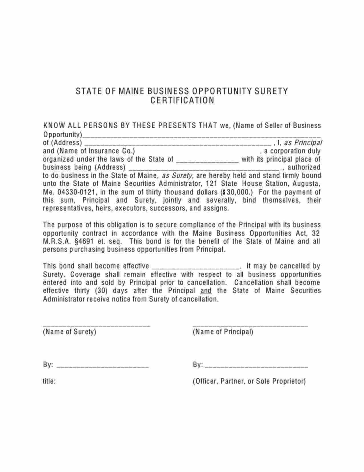 Maine Business Opportunity Bond Form