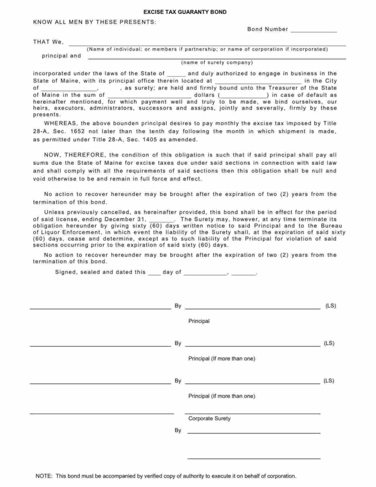 Maine Liquor Excise Tax Bond Form