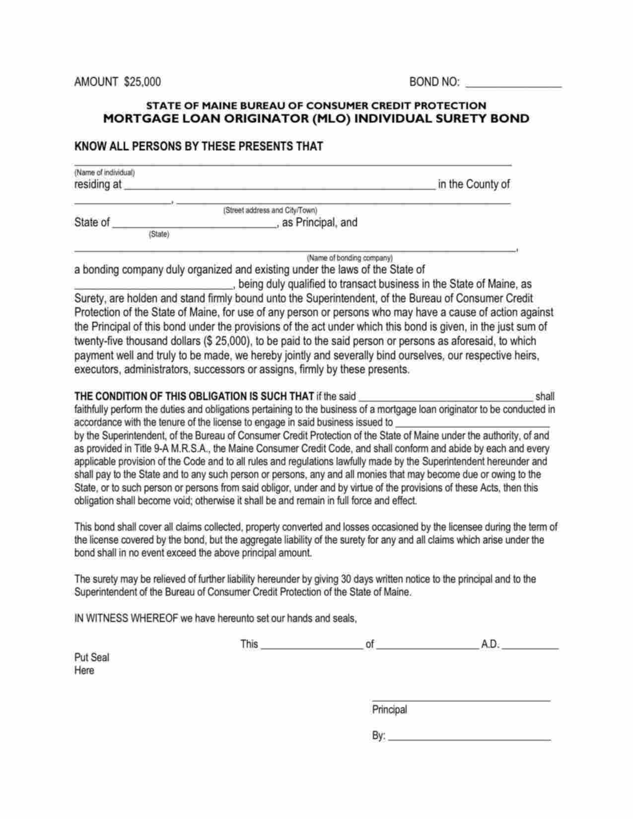 Maine Mortgage Loan Originator (MLO) Individual Bond Form