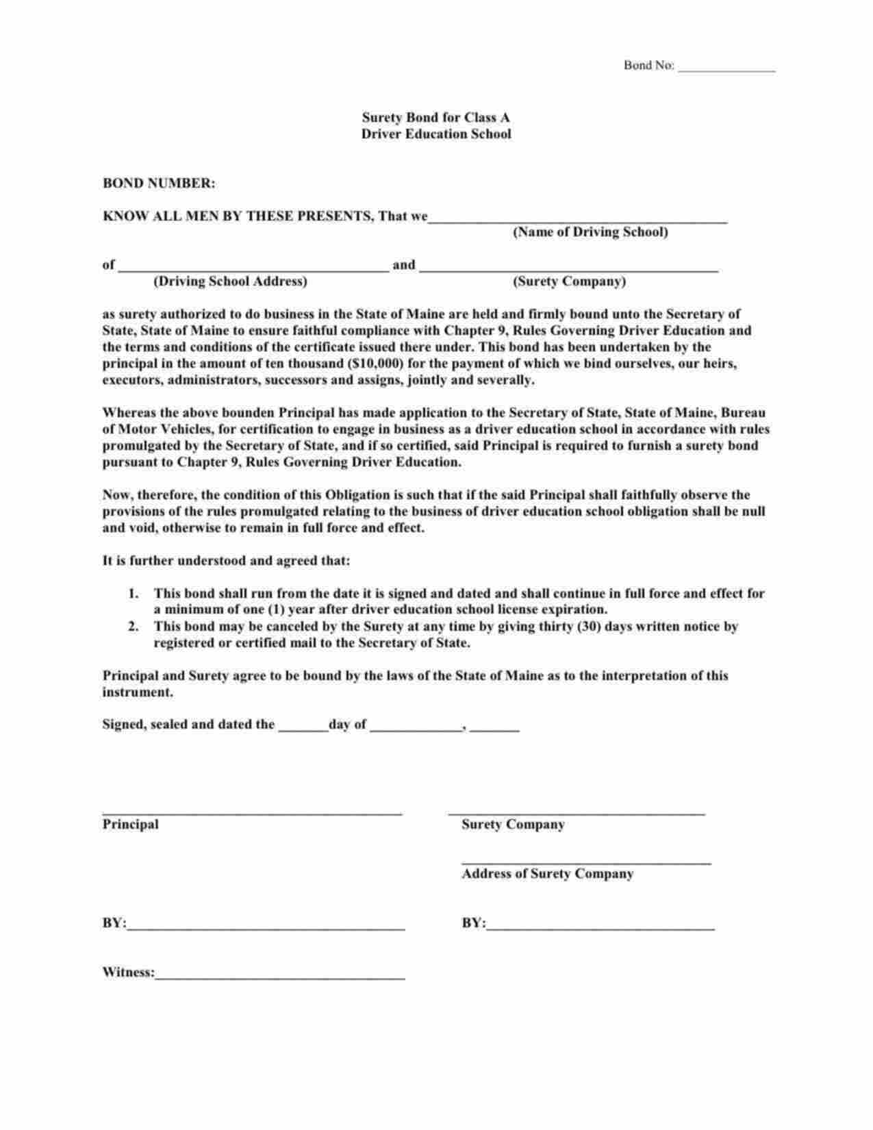 Maine Driver Education School Class A Bond Form