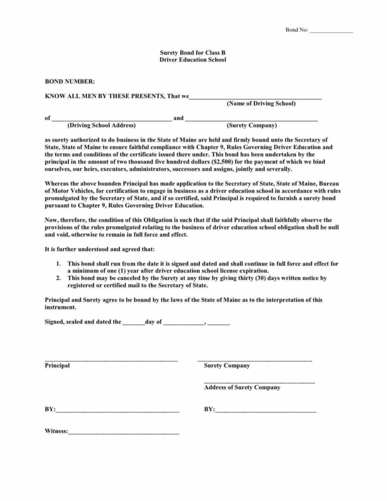 Maine Driver Education School Class B Bond Form