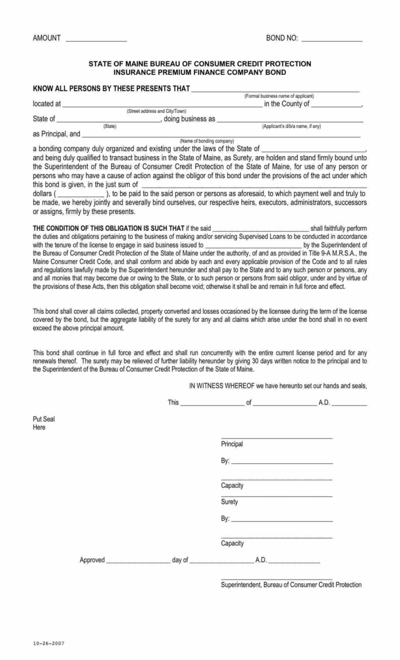 Maine Insurance Premium Finance Company Bond Form