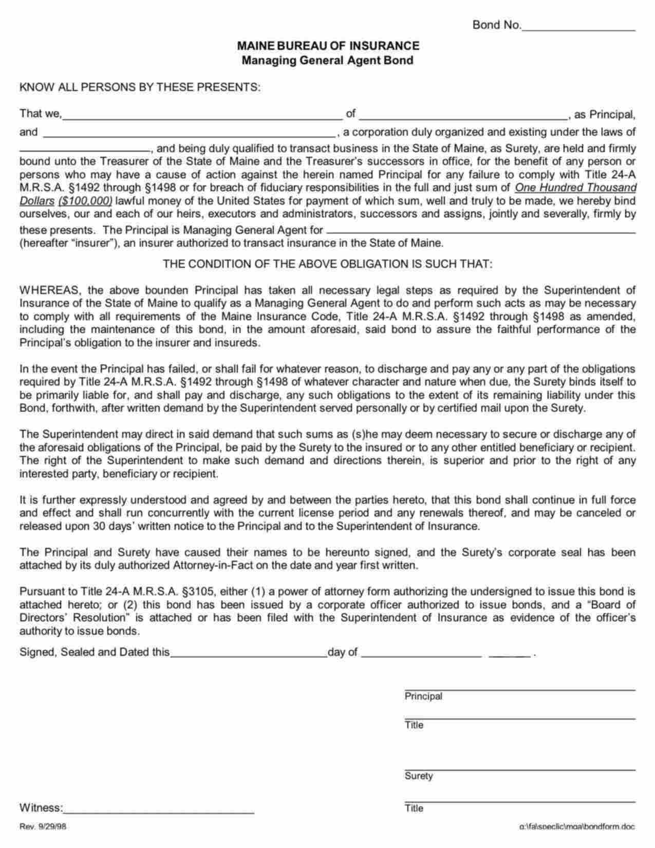 Maine Managing General Agent Bond Form