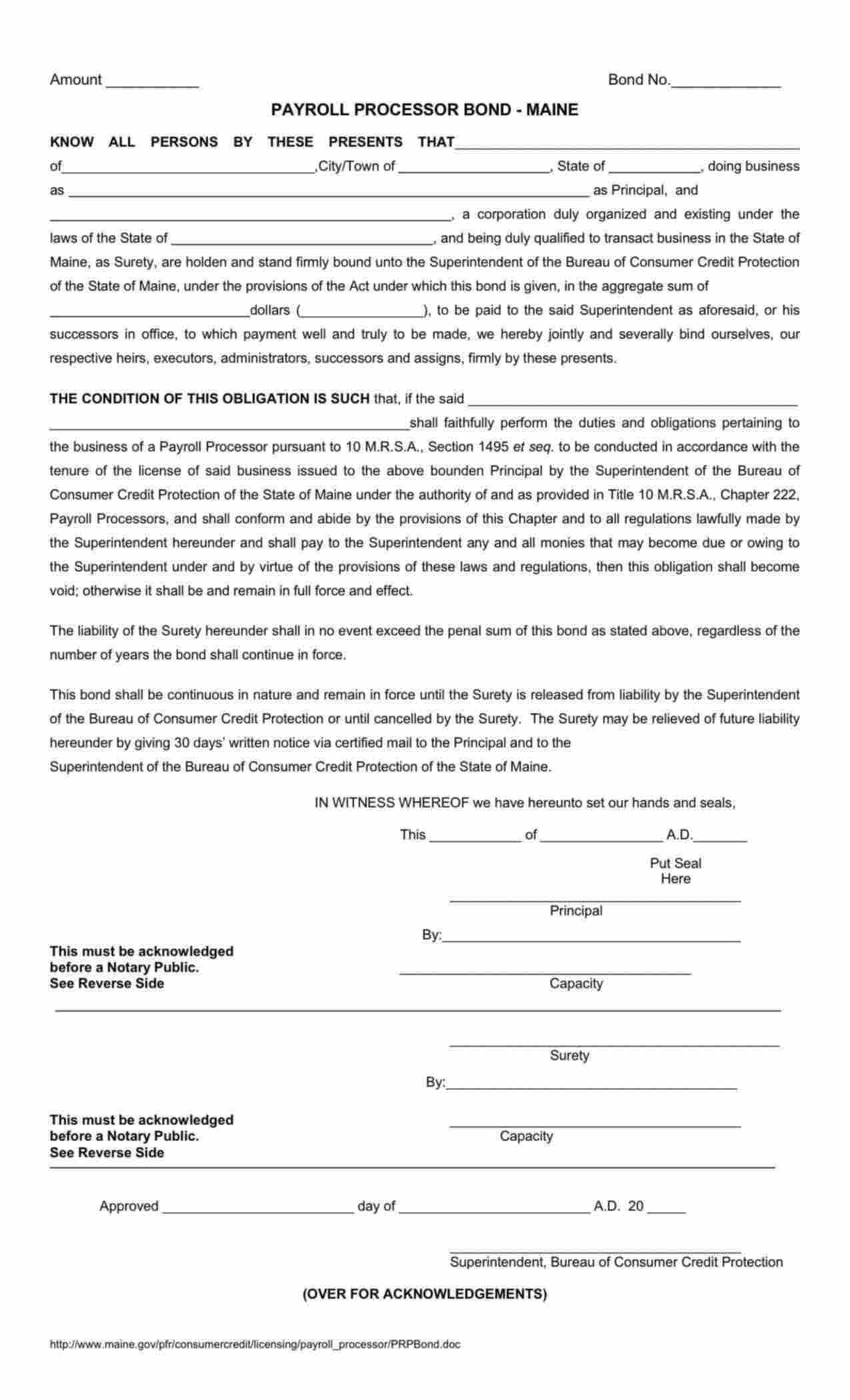 Maine Payroll Processor Bond Form