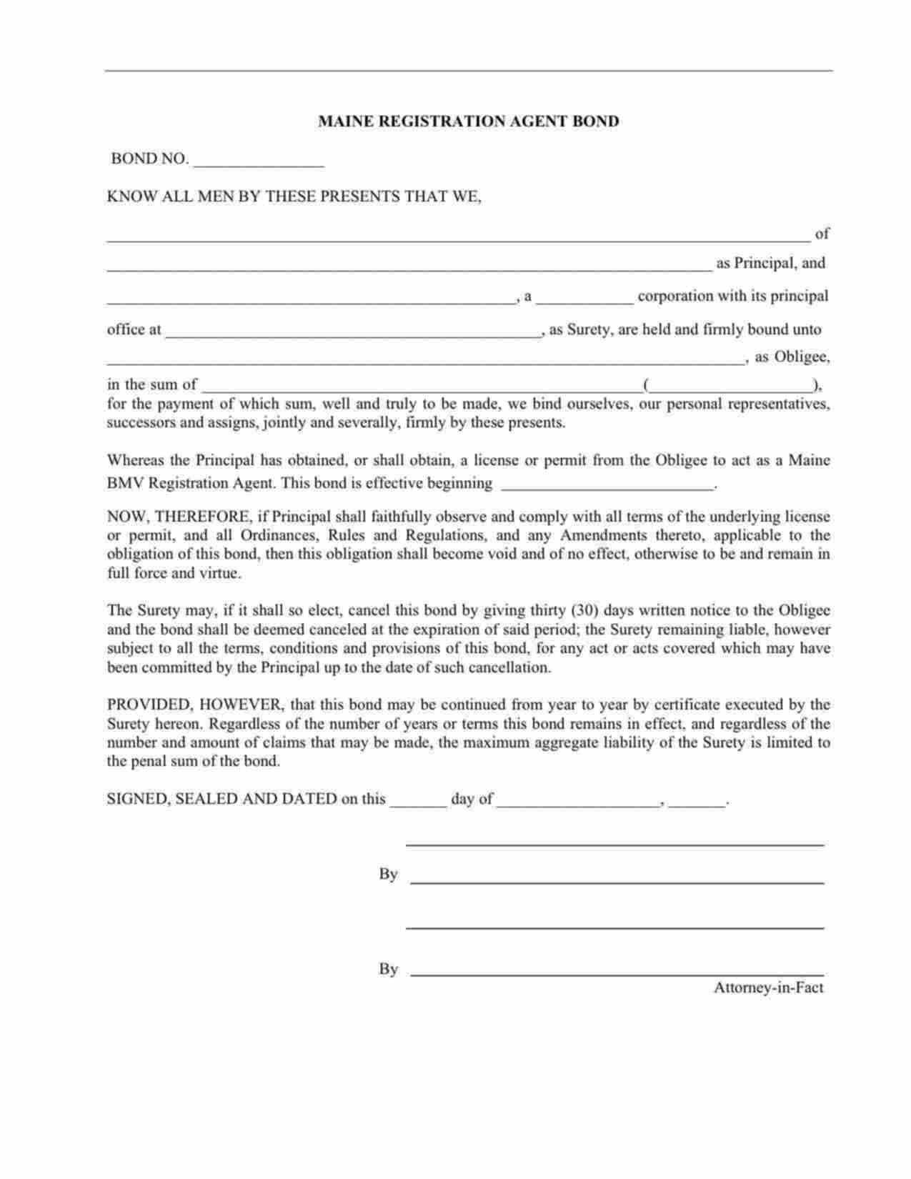 Maine Motor Vehicle Registration Agent Bond Form