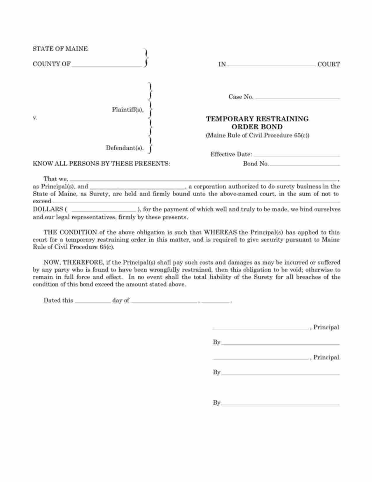 Maine Temporary Restraining Order Bond Form