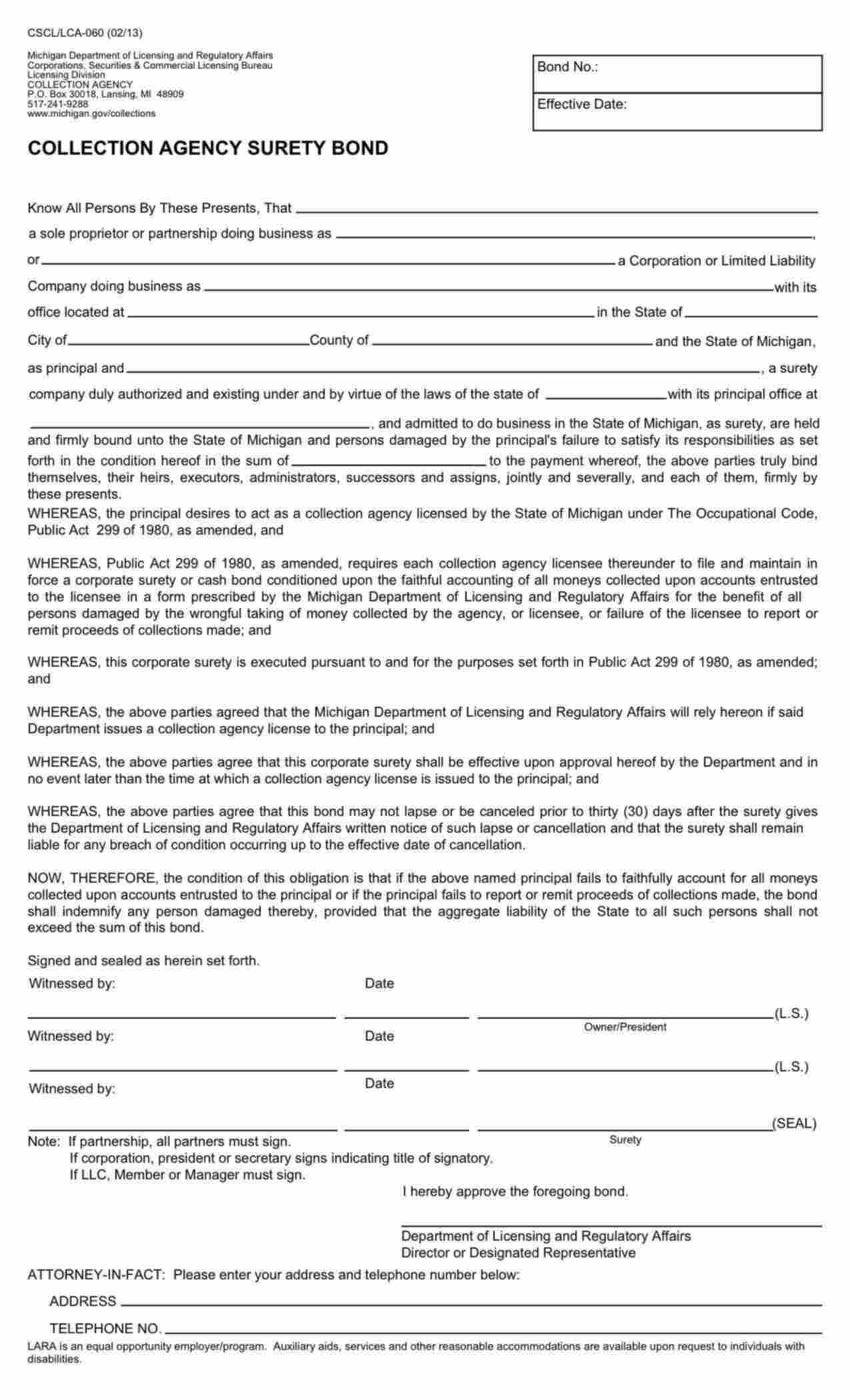 Michigan Collection Agency - Sole Proprietor or Partnership Bond Form