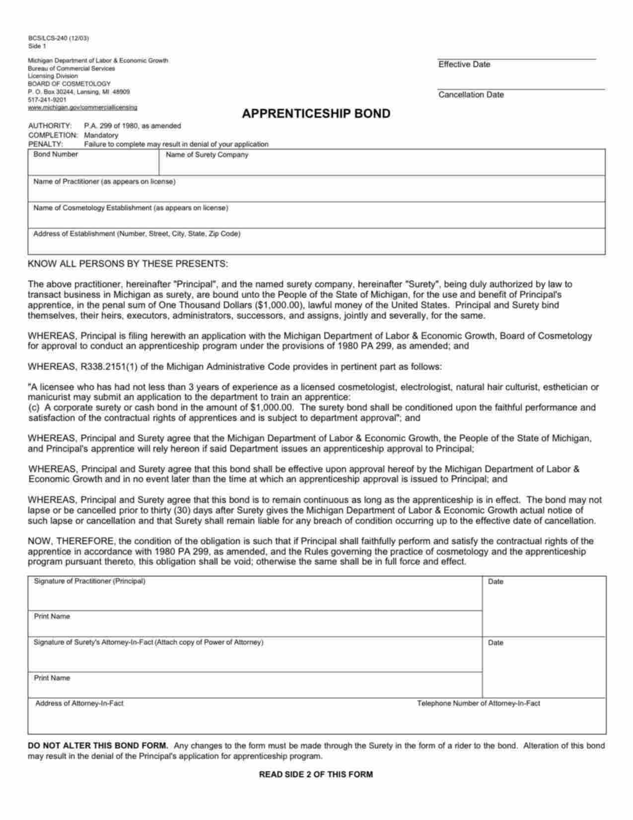 Michigan Cosmetology Apprenticeship Bond Form