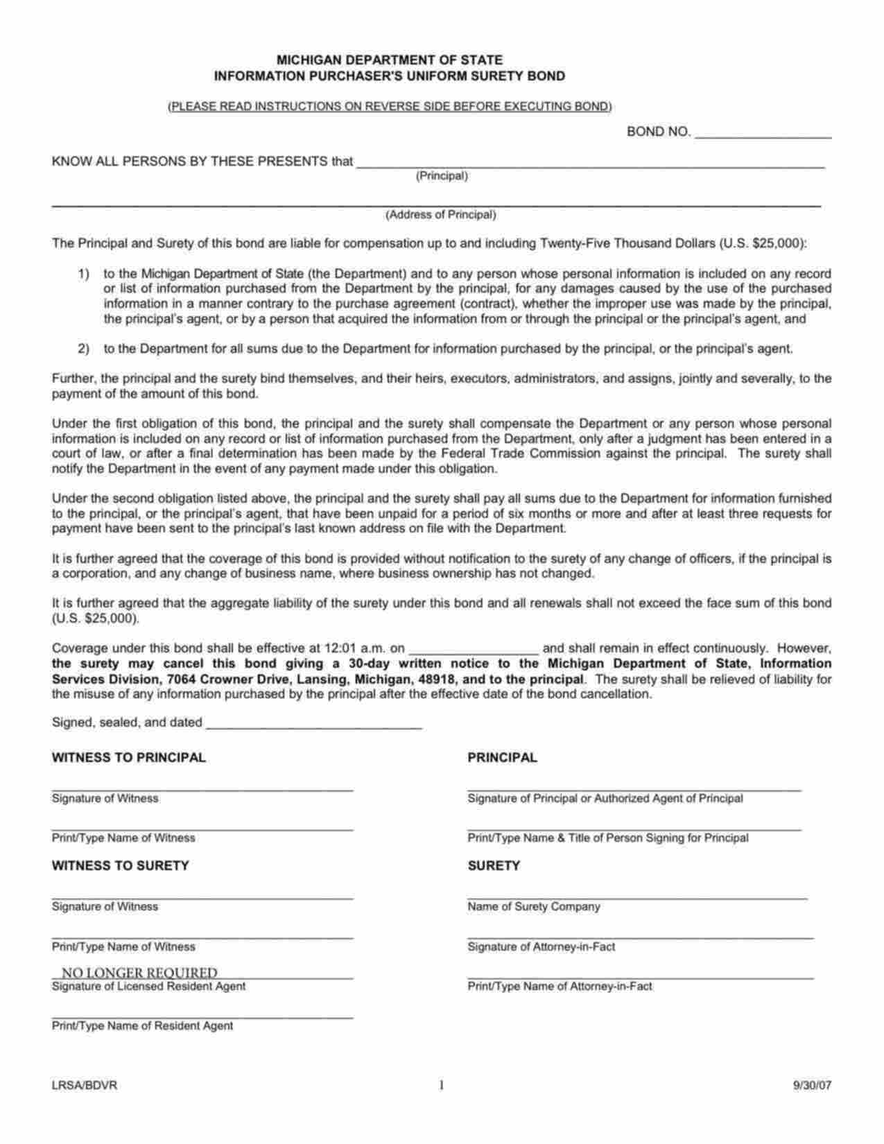 Michigan Information Purchaser Bond Form