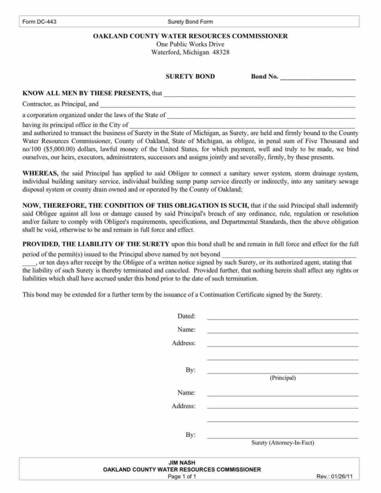 Michigan Sanitary Sewer Bond Form