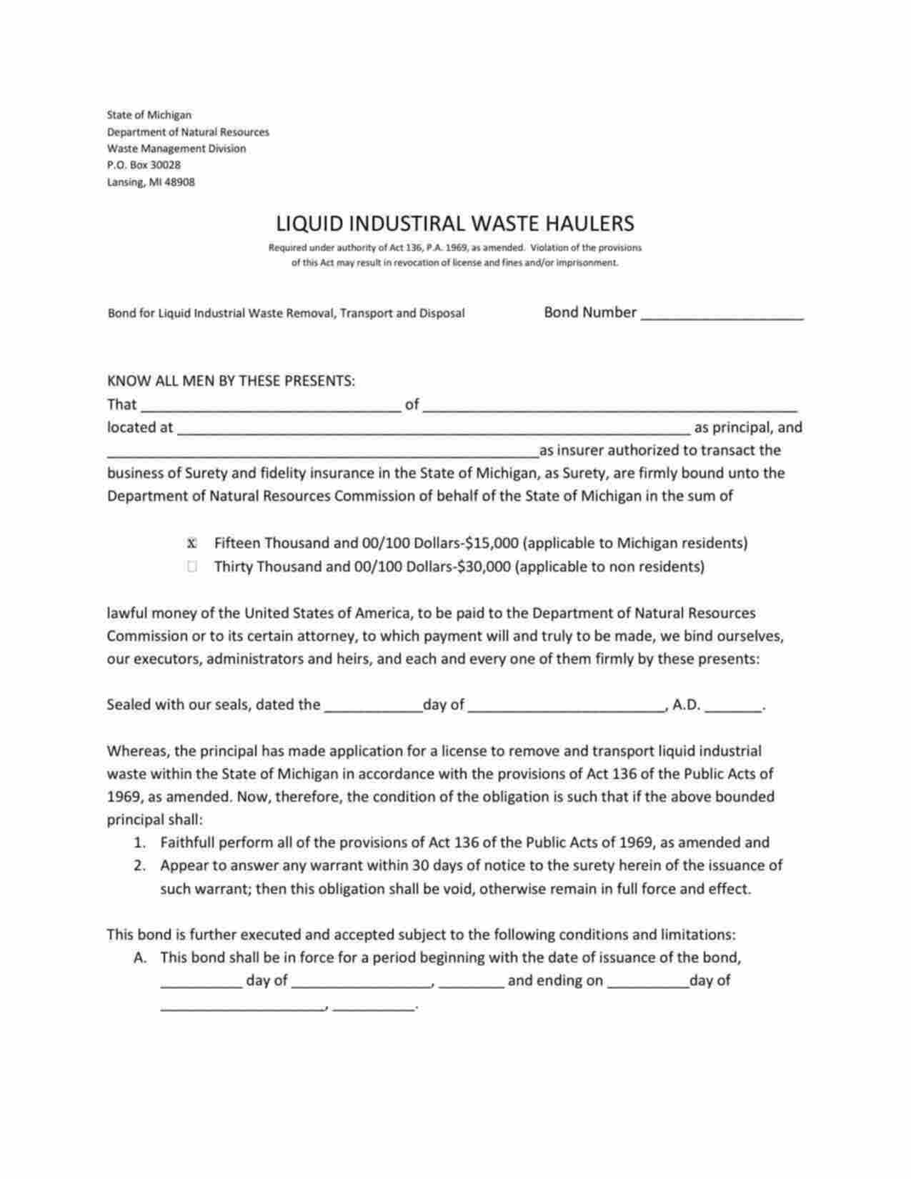 Michigan Liquid Industrial Waste Haulers - Resident Bond Form