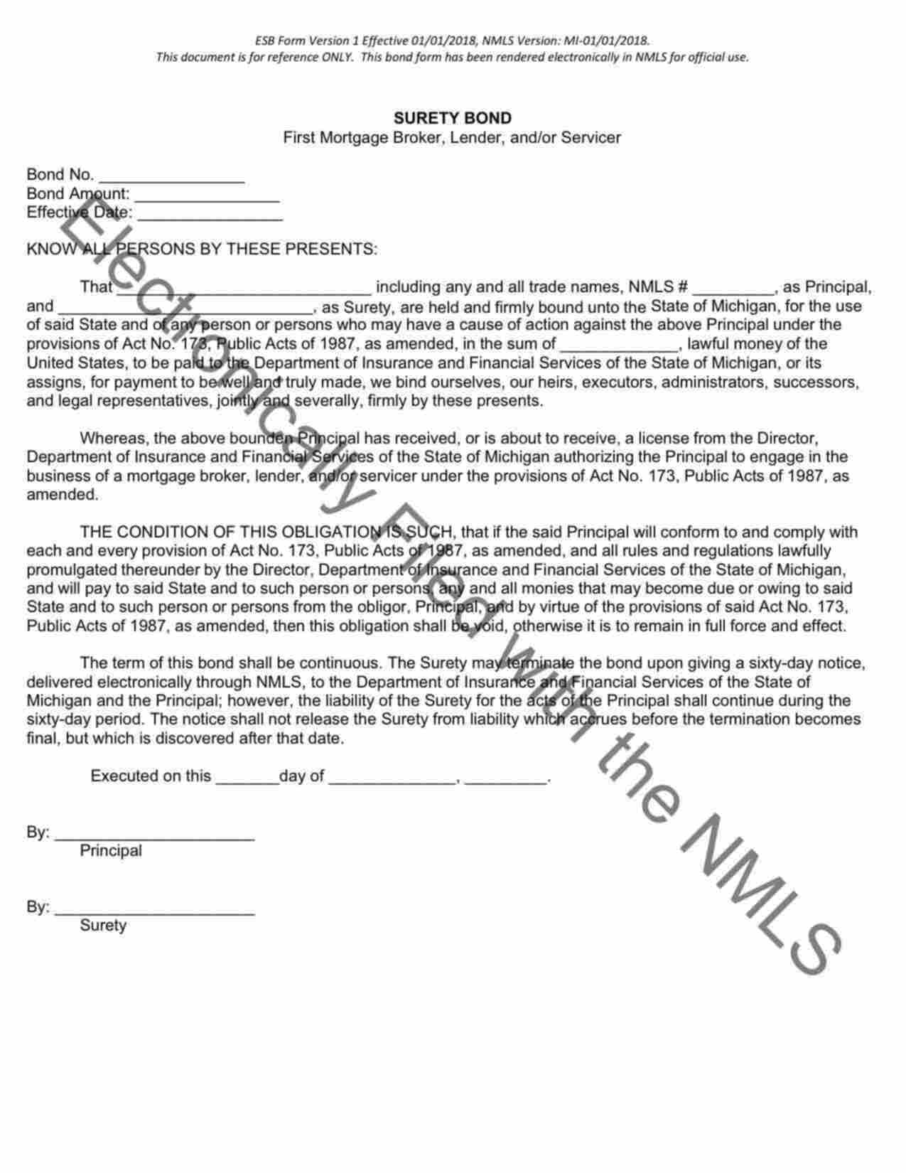 Michigan 1st Mortgage Broker and Lender License Bond Form