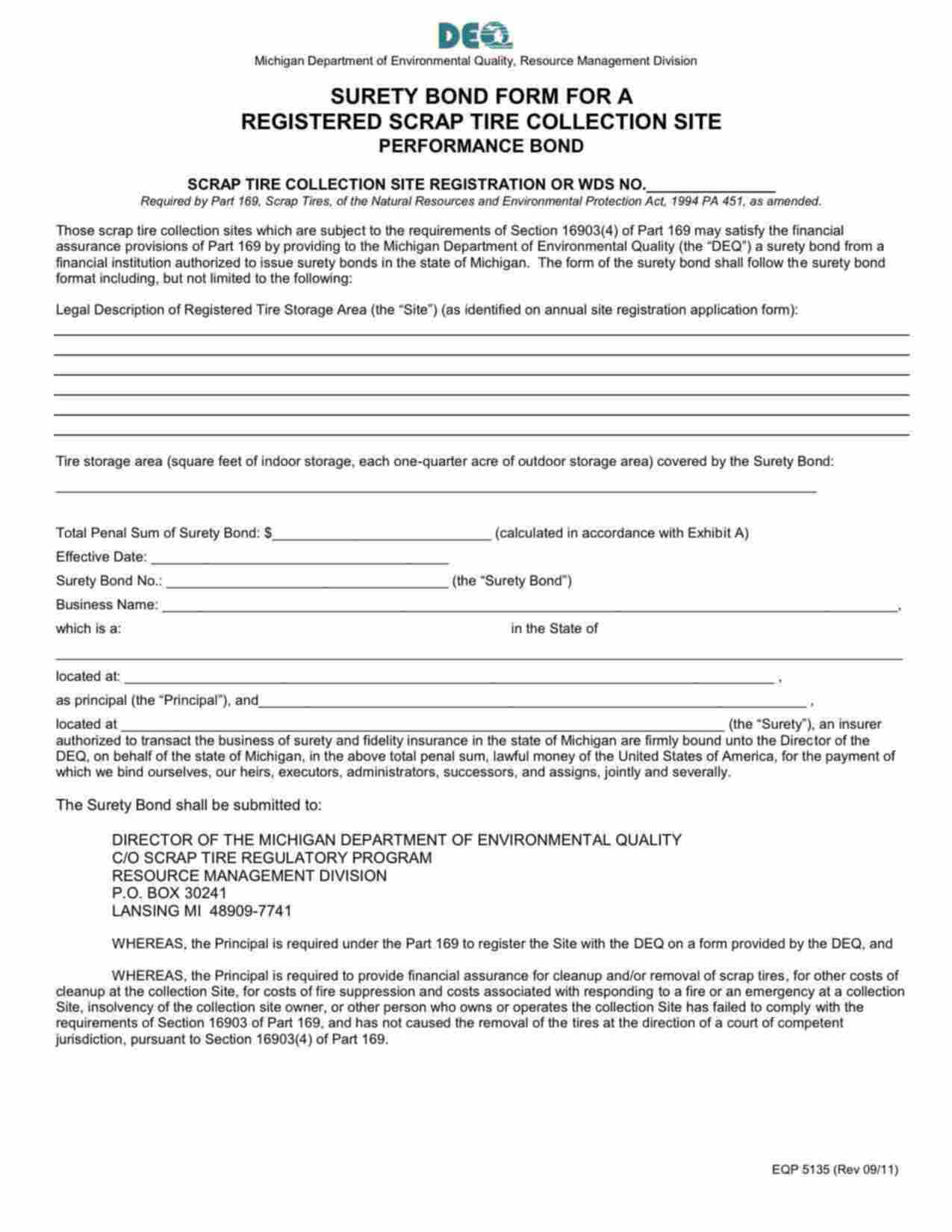 Michigan Registered Scrap Tire Collection Site Performance Bond Form