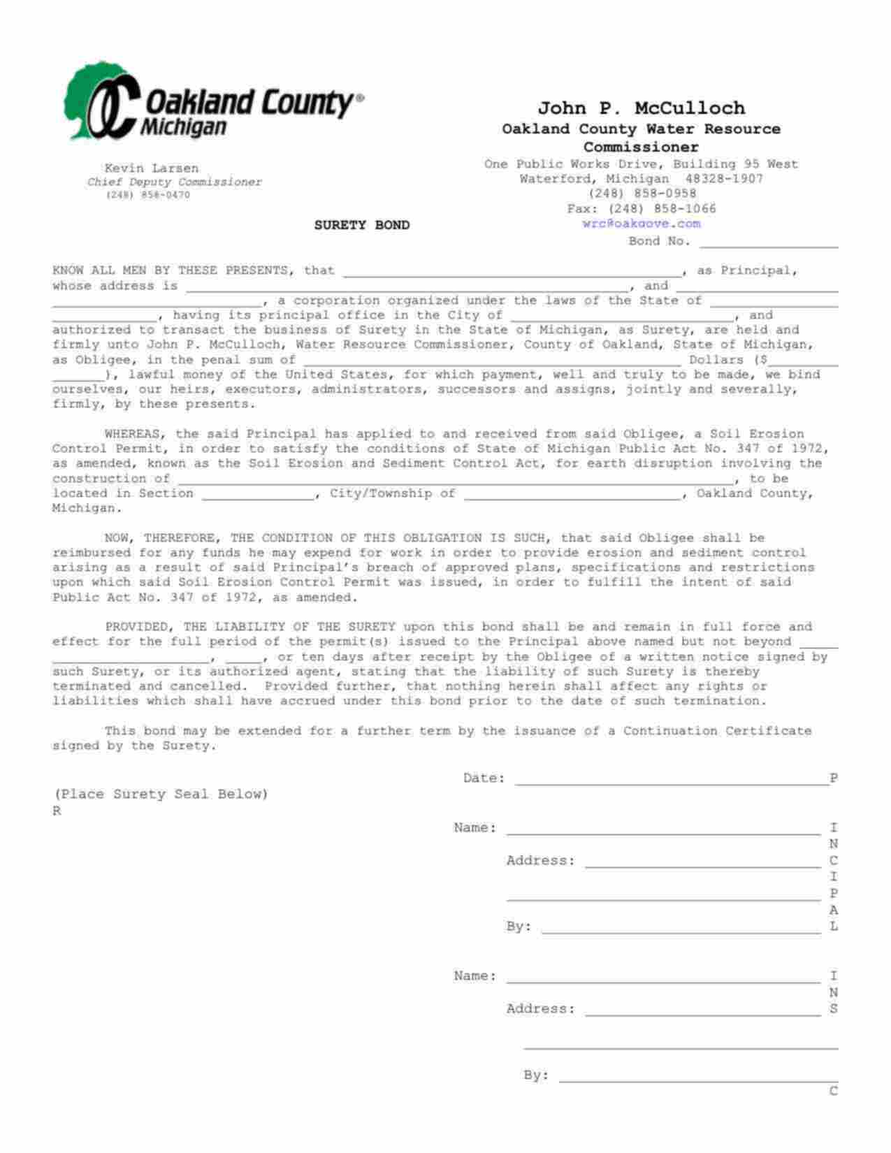 Michigan Soil Erosion and Sediment Control Permit Bond Form