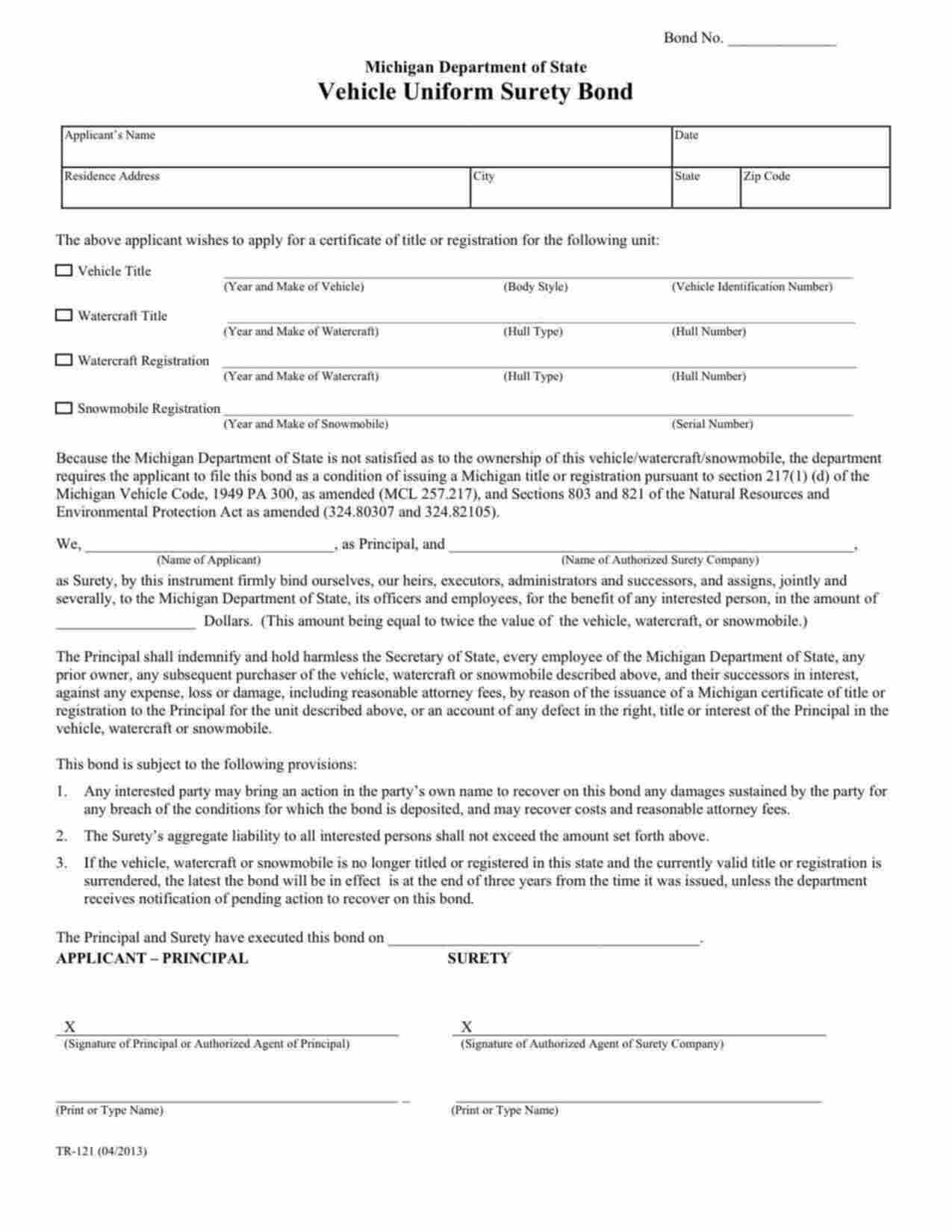 Michigan Motor Vehicle Certificate of Title (Vehicle Uniform) Bond Form