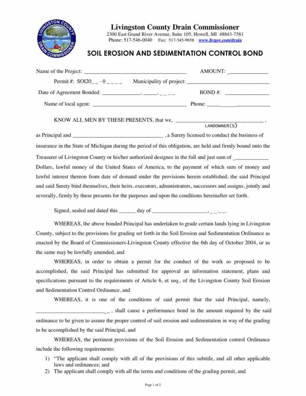 Michigan Soil Erosion and Sedimentation Control Bond Form