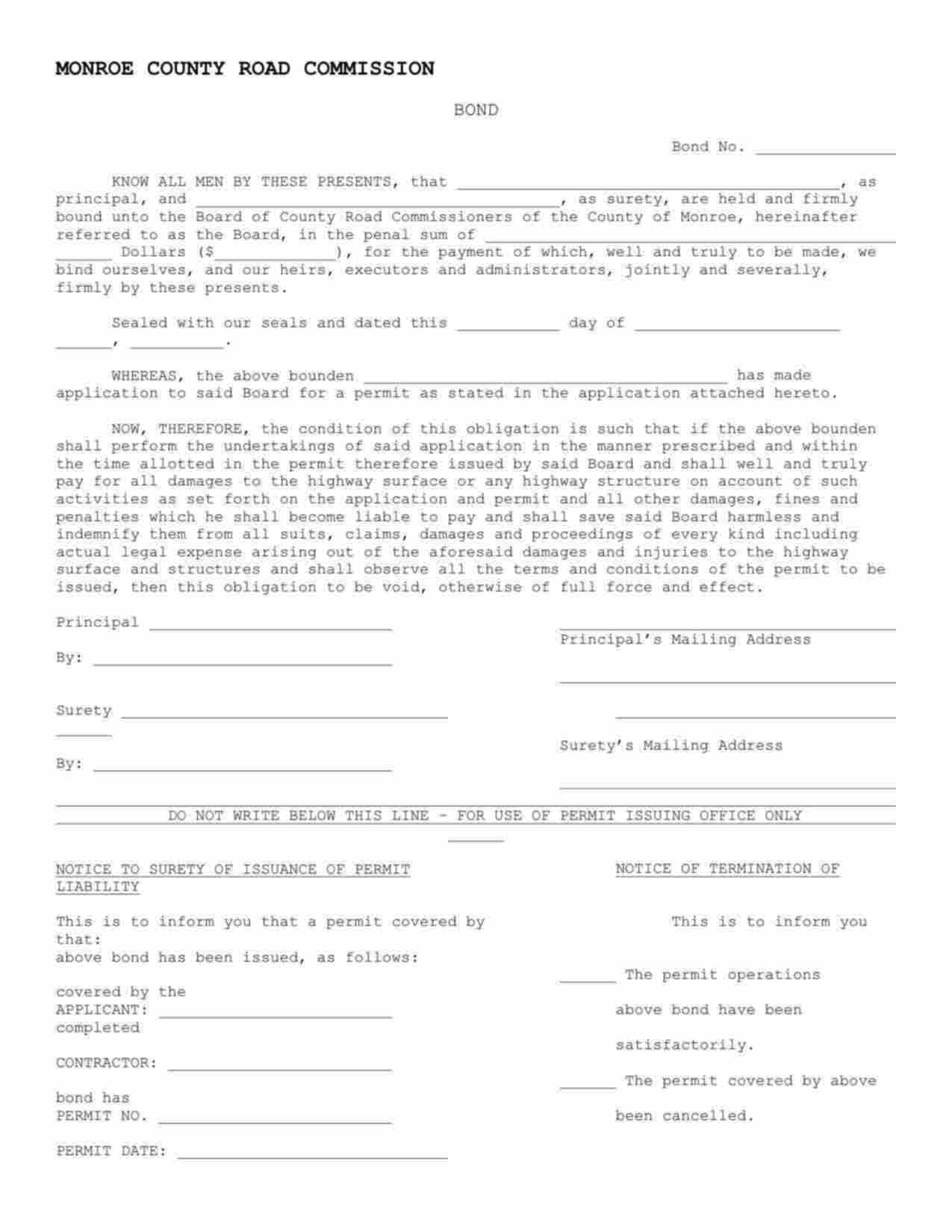 Michigan Highway Permit Bond Form