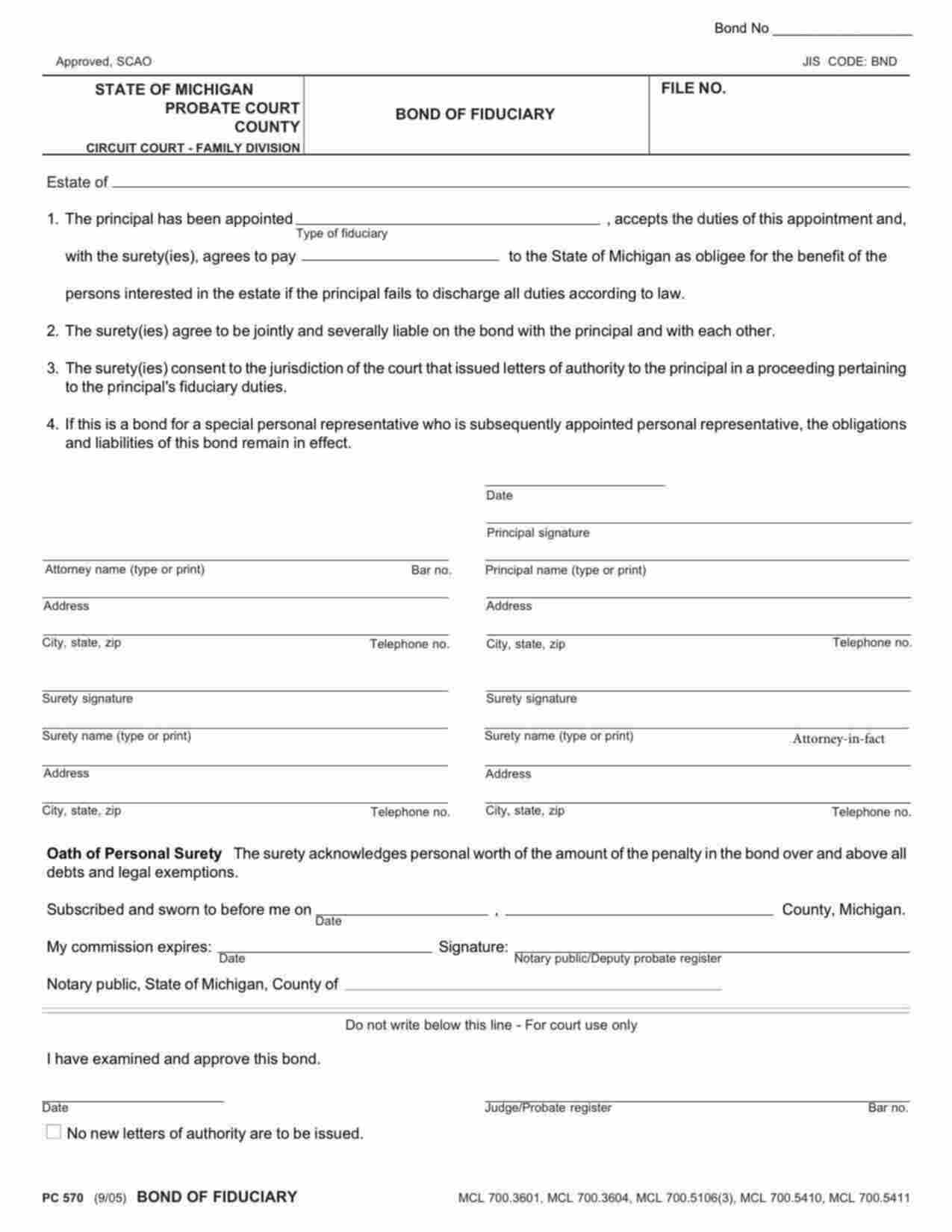 Michigan Administrator/Executor Bond Form
