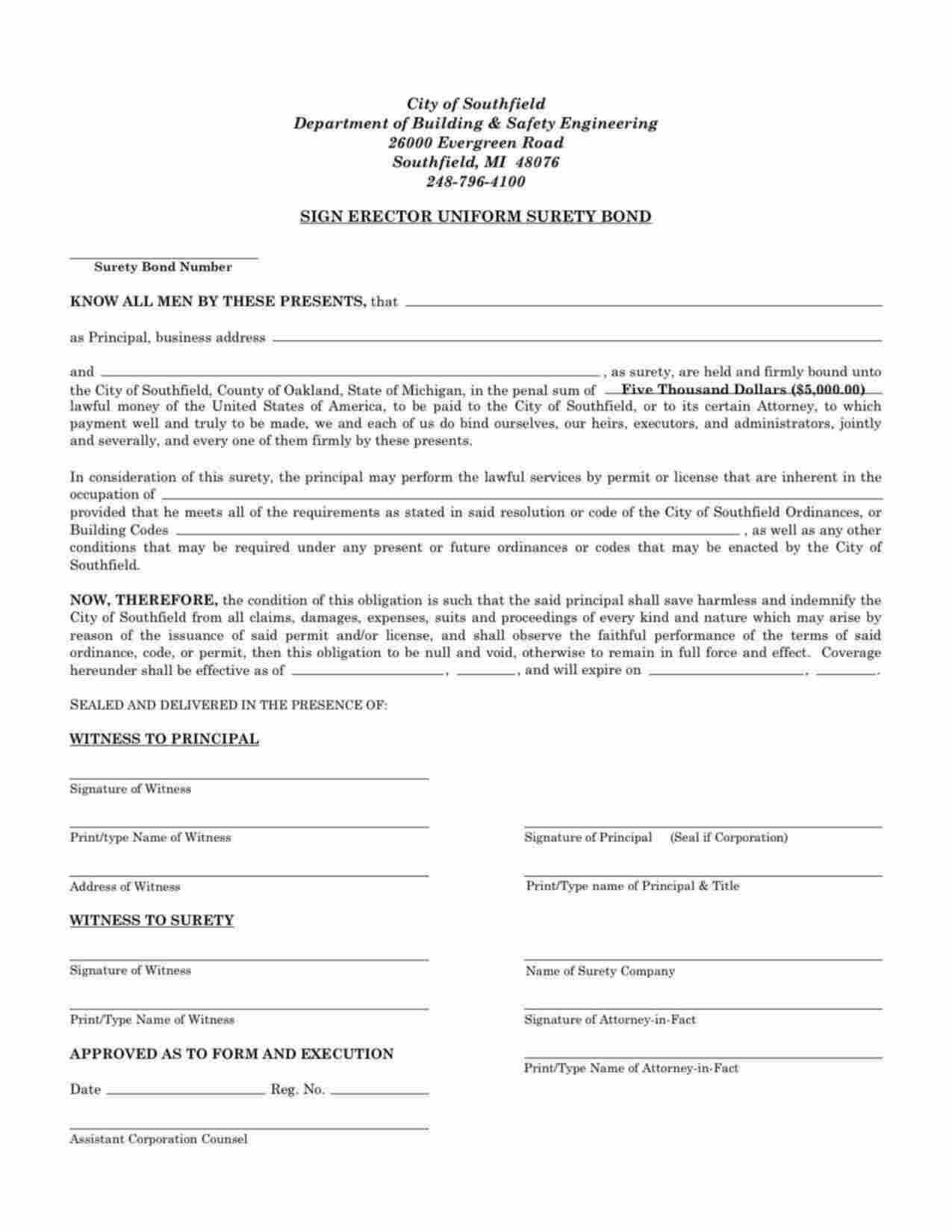 Michigan Sign Erector Bond Form