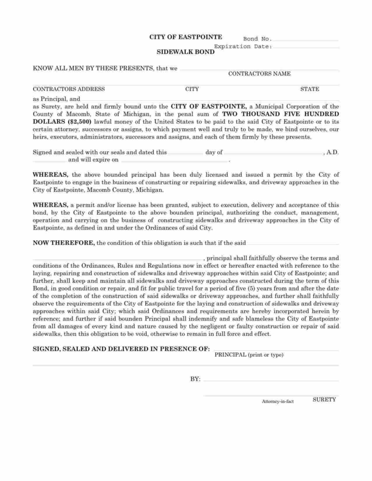 Michigan Sidewalk Contractor Bond Form