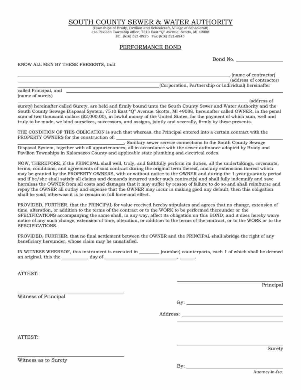 Michigan Sewer Connections Performance Bond Form