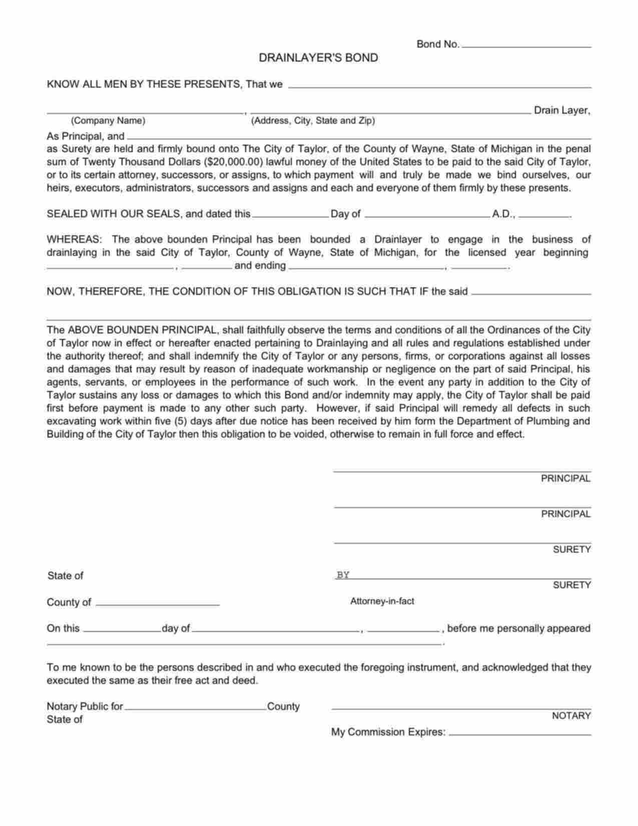 Michigan Drainlayer Bond Form