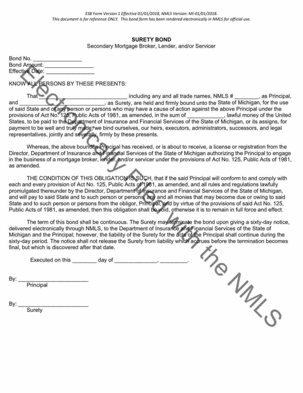 Michigan 2nd Mortgage Broker and Lender Registration Bond Form