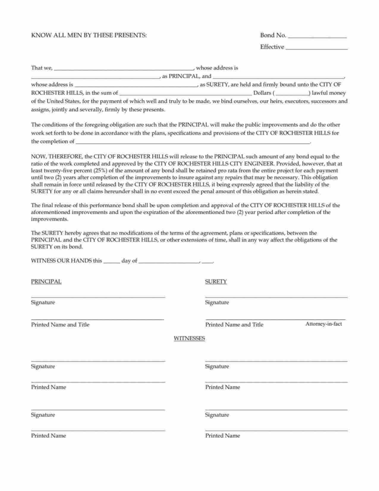 Michigan Site Improvement Bond Form