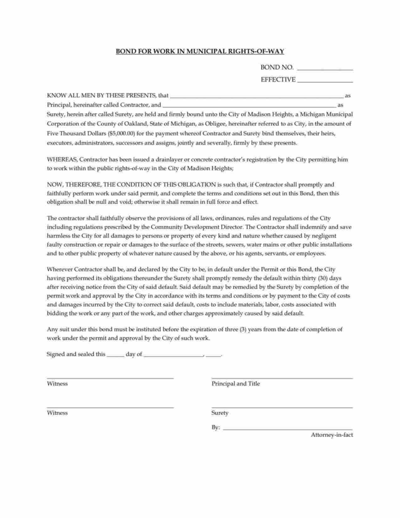 Michigan Work in Municipal Rights-of-Way Bond Form