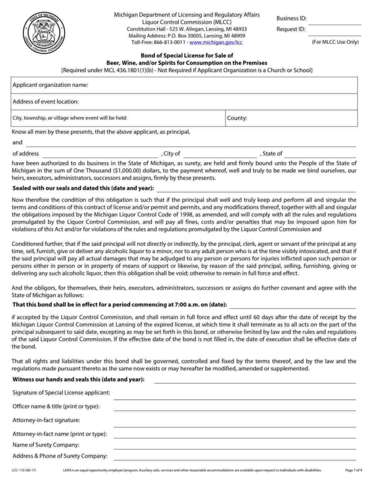 Michigan Special License for Sale of Beer, Wine & Spirits for Consumption on the Premises (One Day) Bond Form