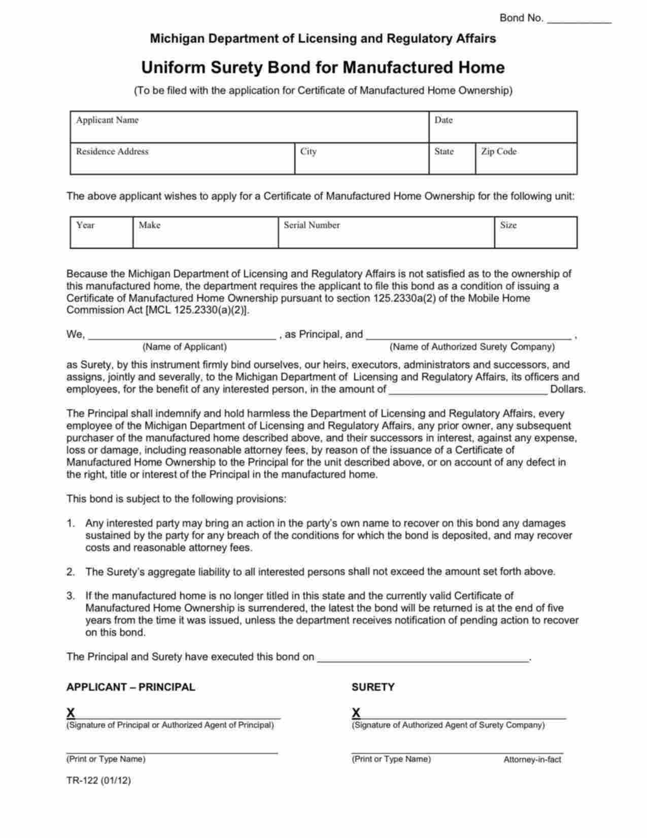 Michigan Certificate of Manufactured Home Ownership Bond Form