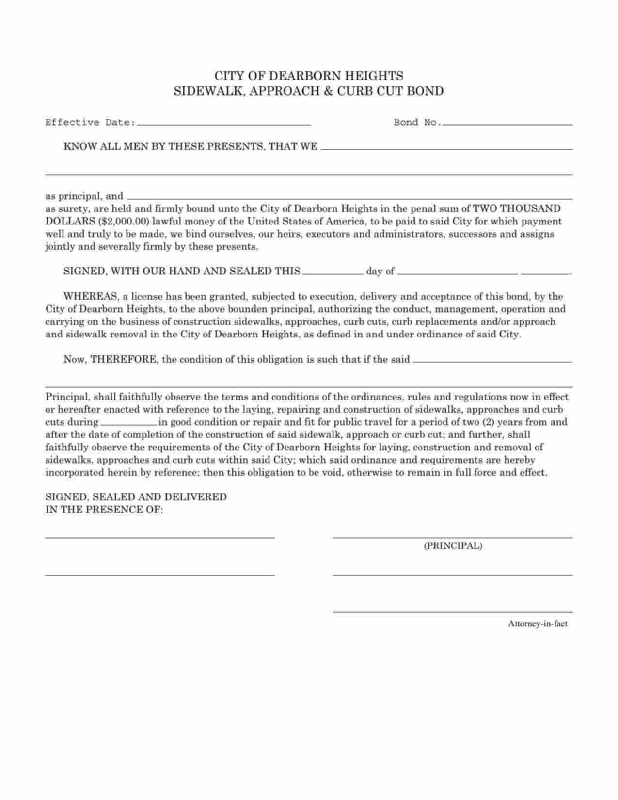 Michigan Sidwalk, Approach & Curb Cut Bond Form