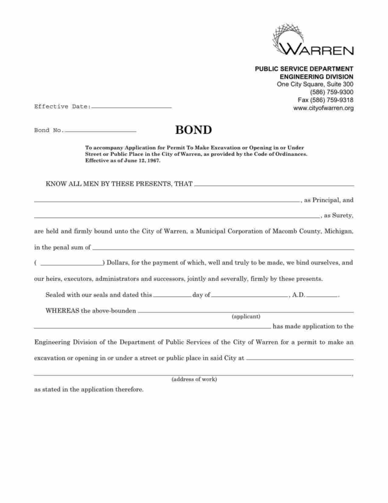 Michigan Excavation or Street Opening Permit Bond Form