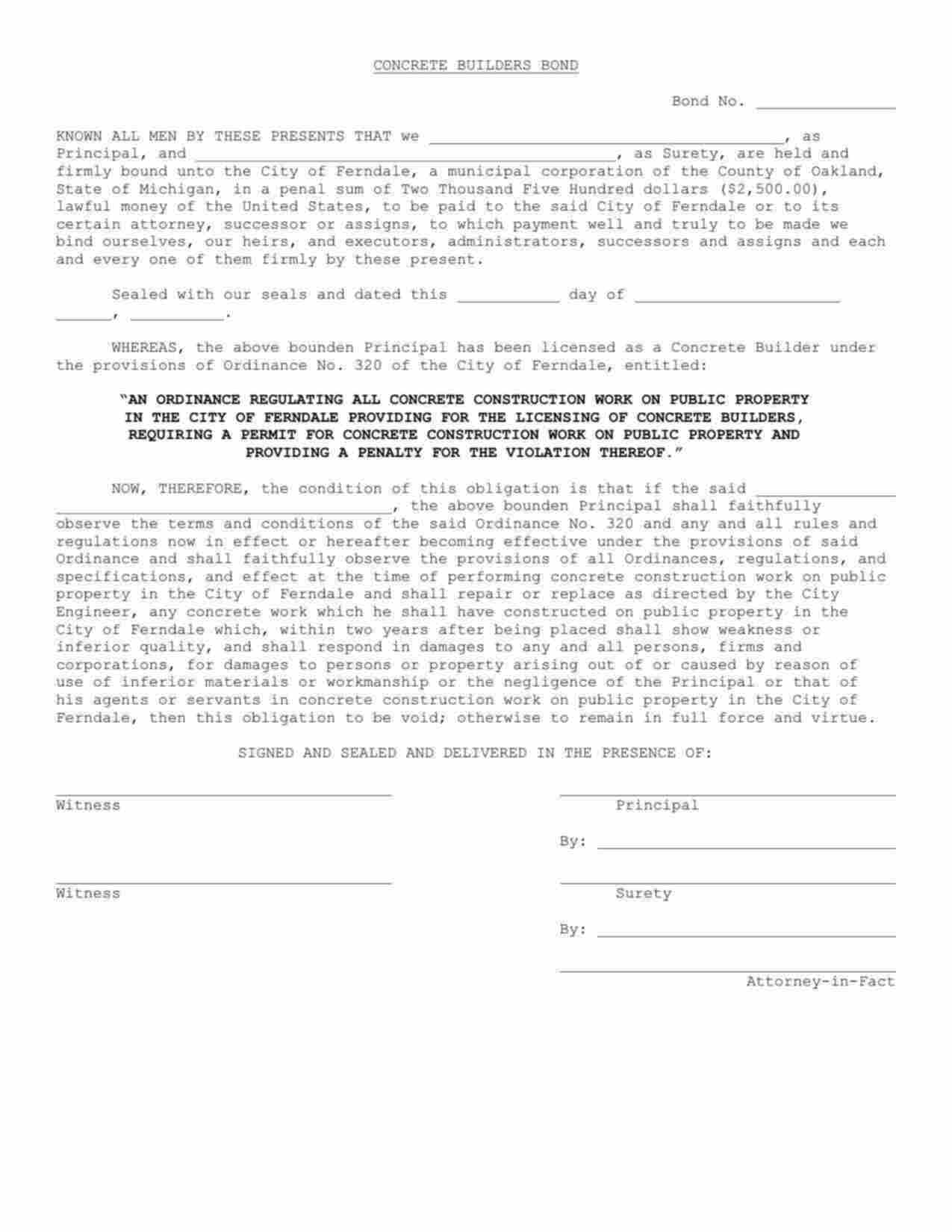 Michigan Concrete Builder Bond Form