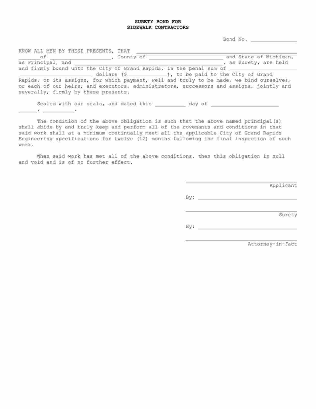 Michigan Sidewalk Contractor Bond Form