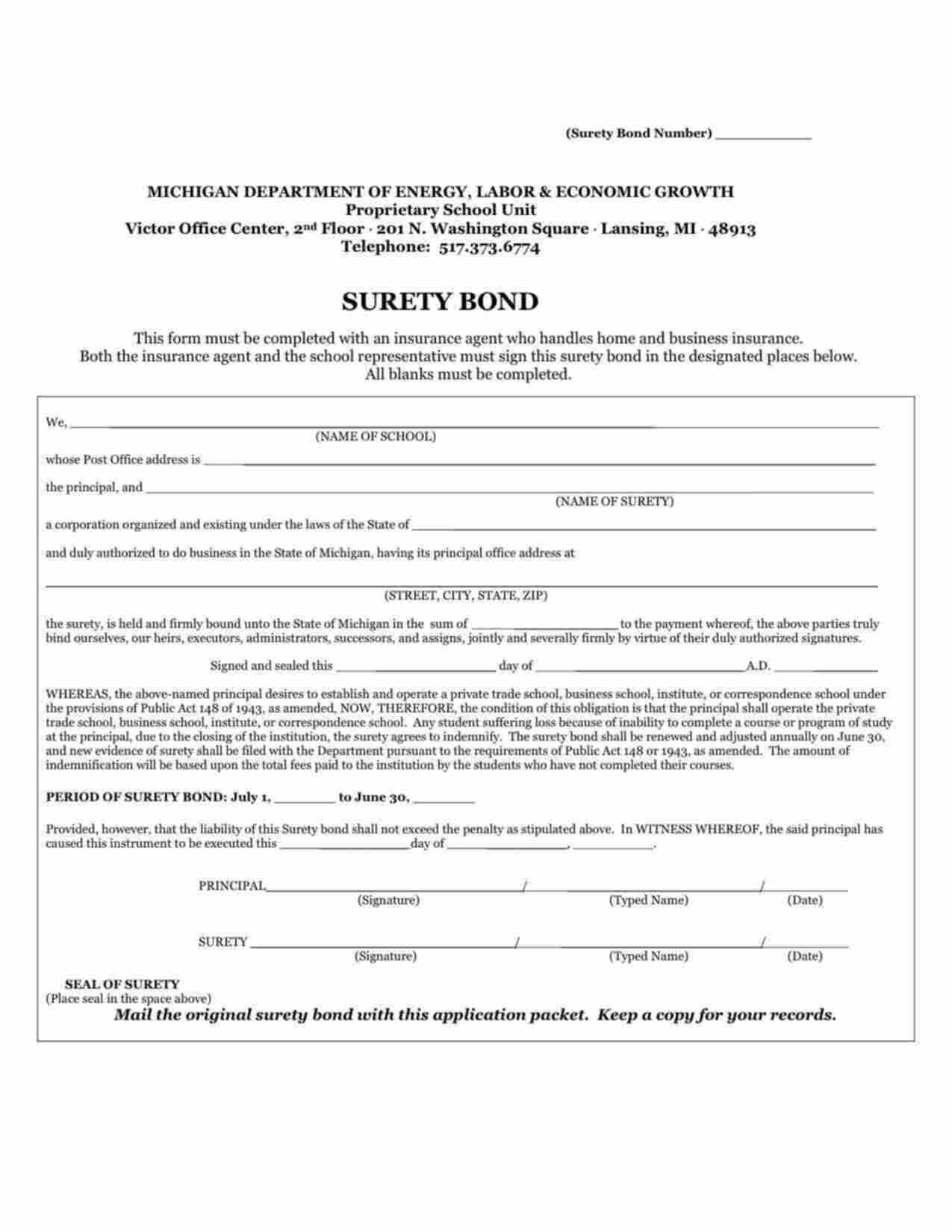 Michigan Private Trade School, Business School, Institute or Correspondence School Bond Form