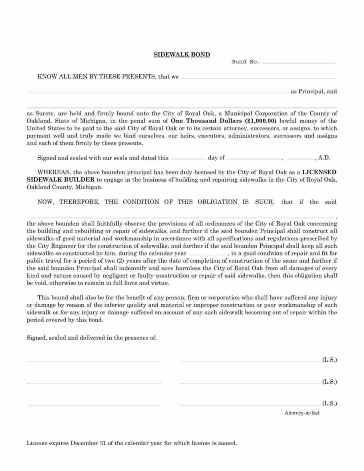 Michigan Licensed Sidewalk Builder Bond Form