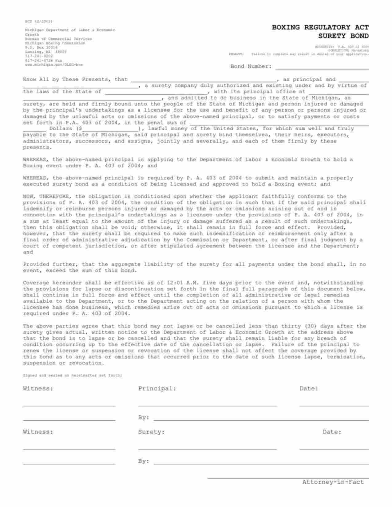 Michigan Boxing Event Bond Form