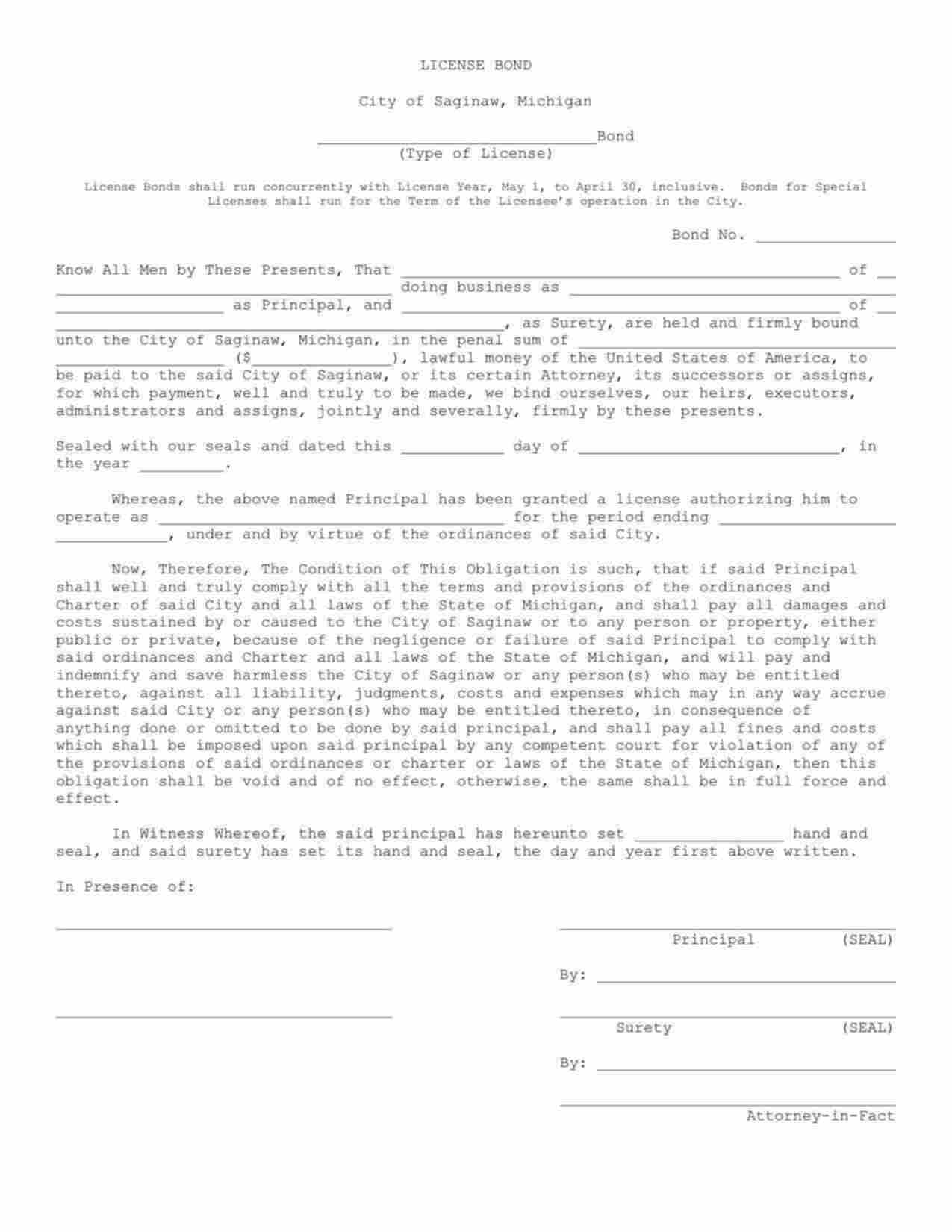 Michigan License/Permit Bond Form