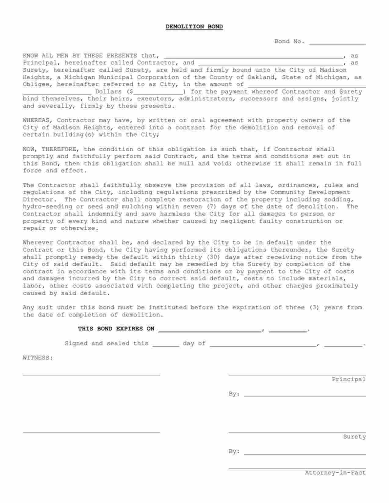 Michigan Demolition Bond Form