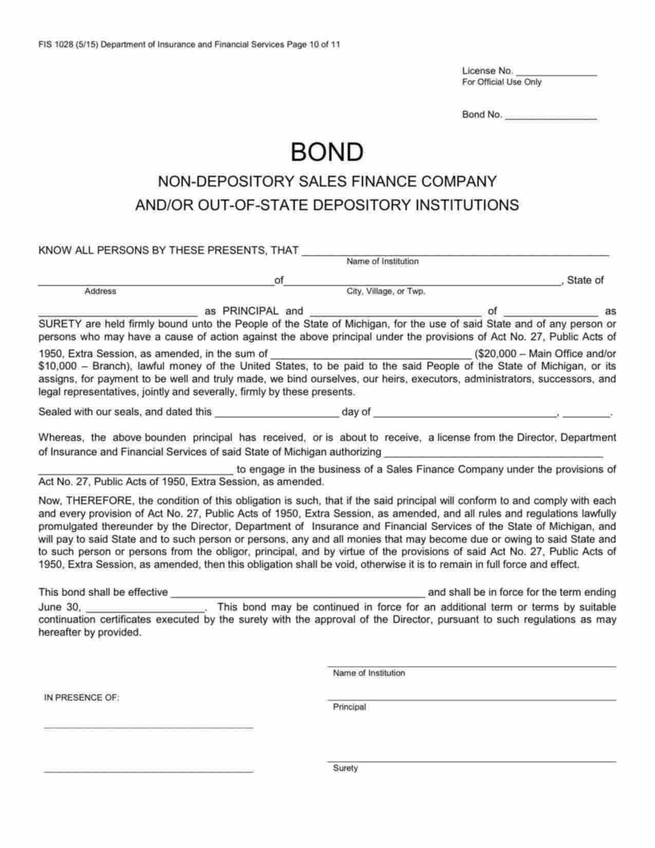 Michigan Non-Depository Sales Finance Company: Branch Location Bond Form