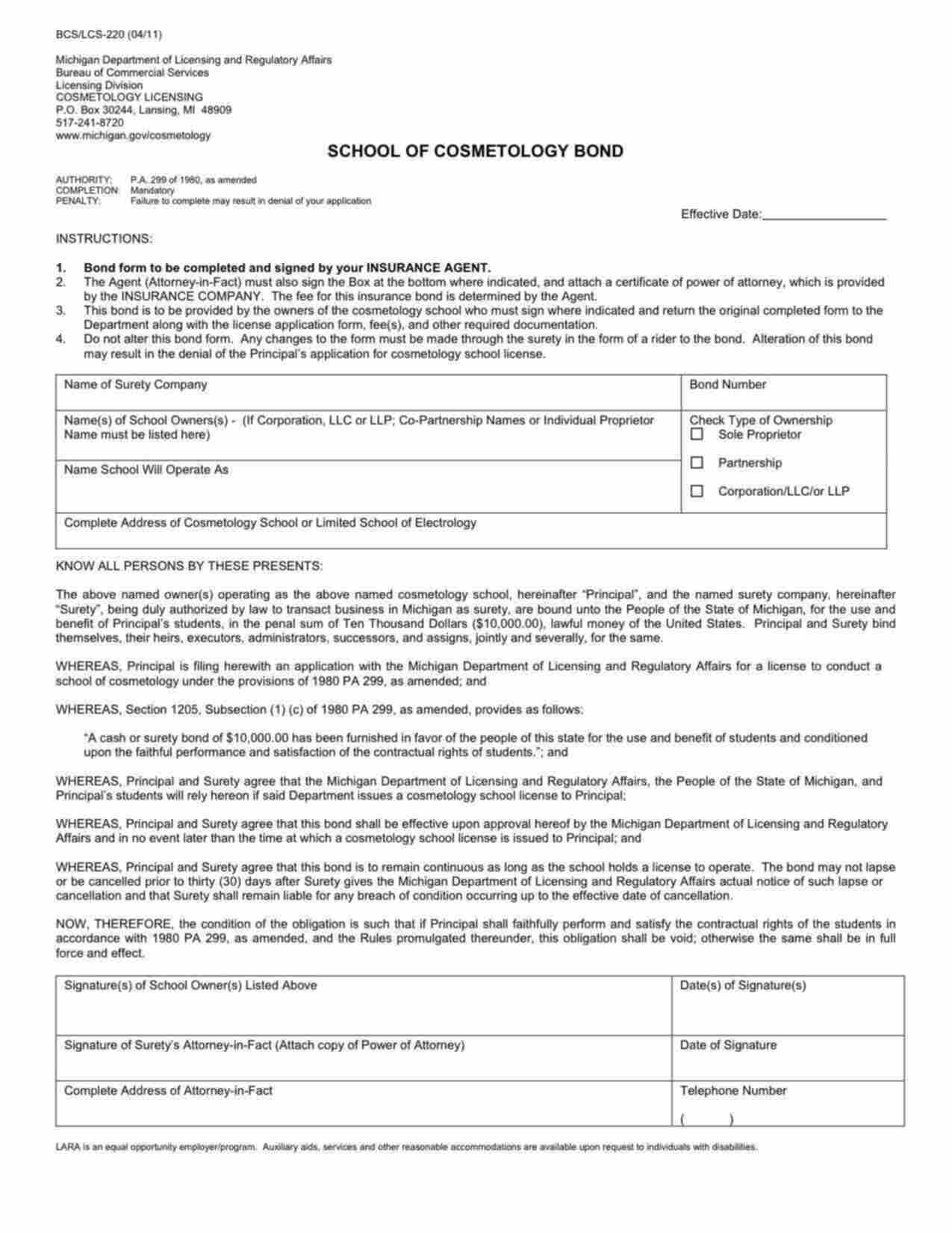 Michigan School of Cosmetology Bond Form