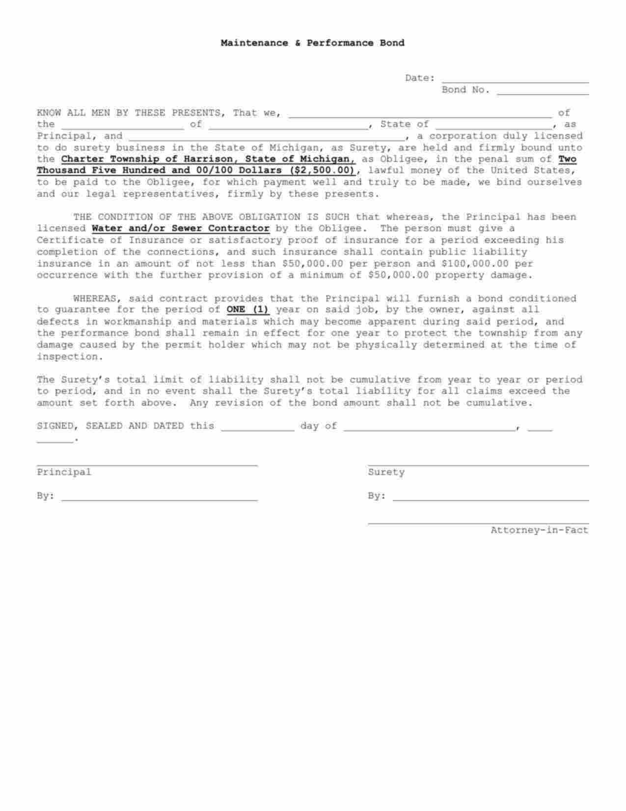 Michigan Water and/or Sewer Contractor Bond Form